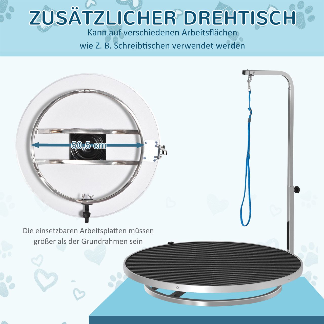 PawHut Hund Trimmtisch Tierpflegetisch drehbar trocknen Tabelle mit verstellbaren Arm rutschfeste Tischplatte Verriegelungssystem Aluminium-Legierung Rand Edelstahl Rahmen Sicherheit Leine Ø65x H10