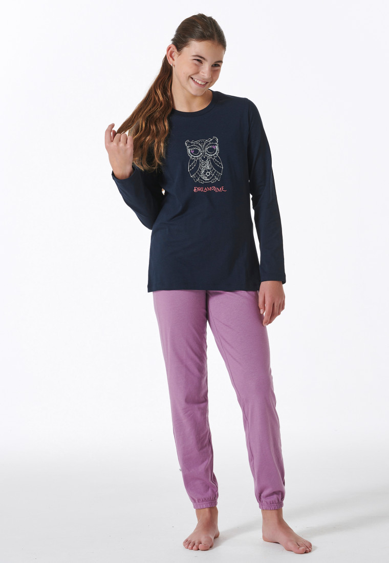 Schlafanzug lang Bündchen Eule nachtblau - Nightwear