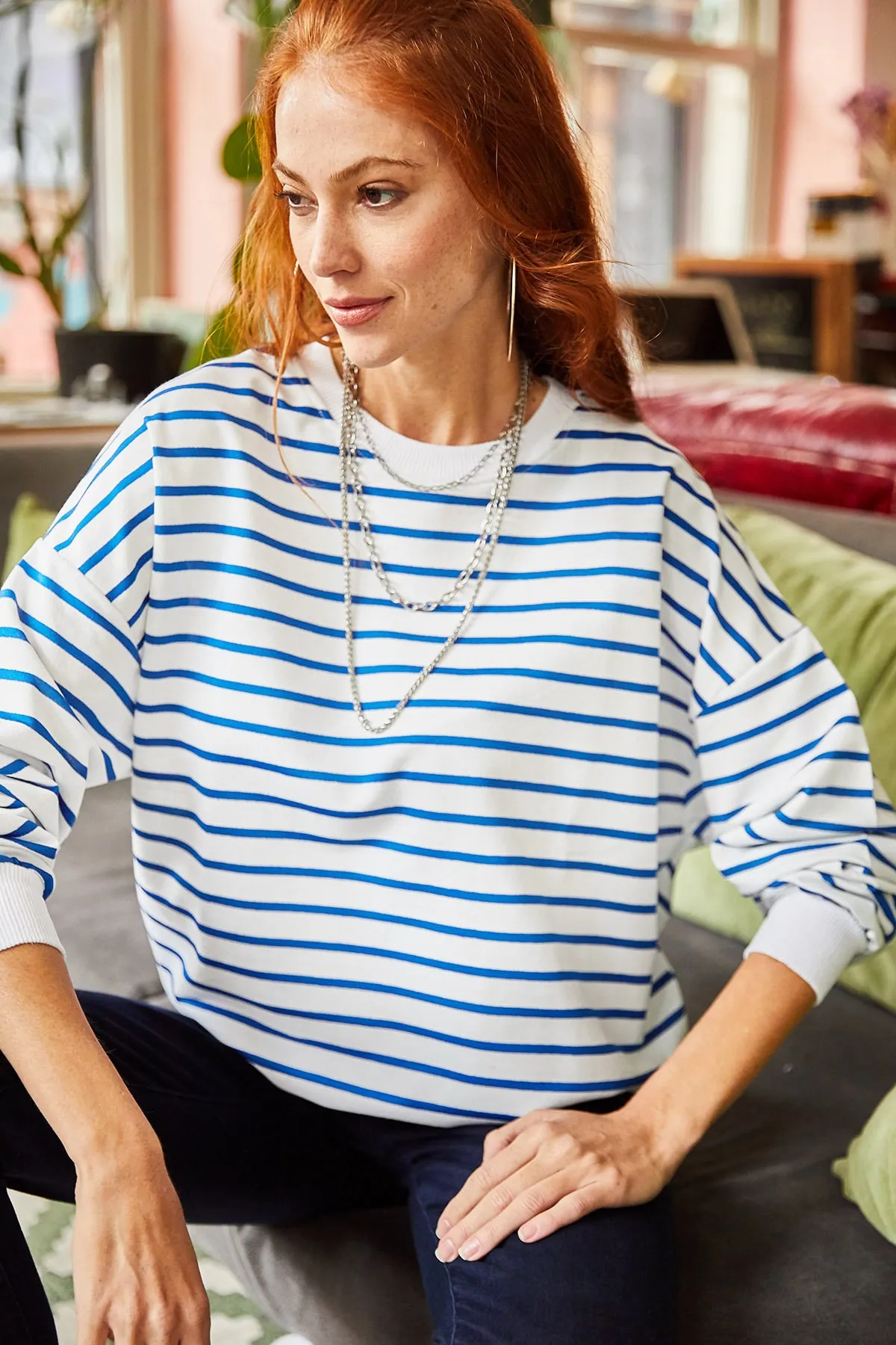 Olalook  Damen-Sweatshirt, weiß, indigoblau, gestreift, Basic, weich, strukturiert, lockeres Sweatshirt SWT-19000457