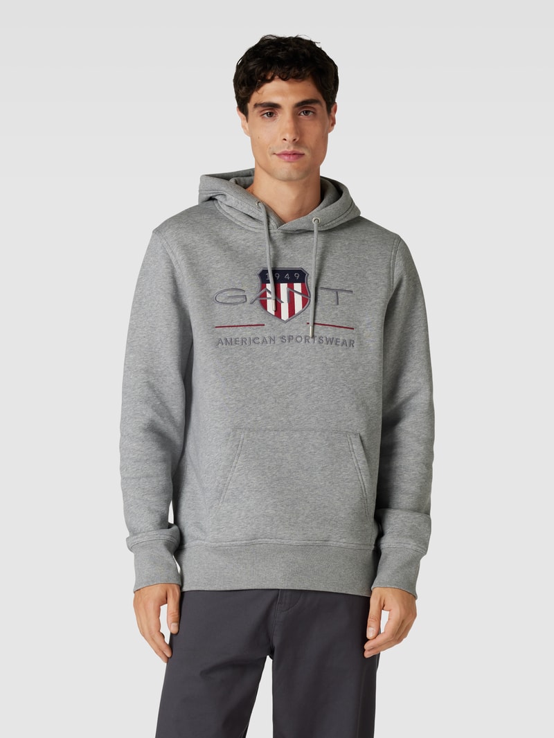 Hoodie mit Label-Stitching Modell 'ARCHIVE SHIELD' in silber meliert