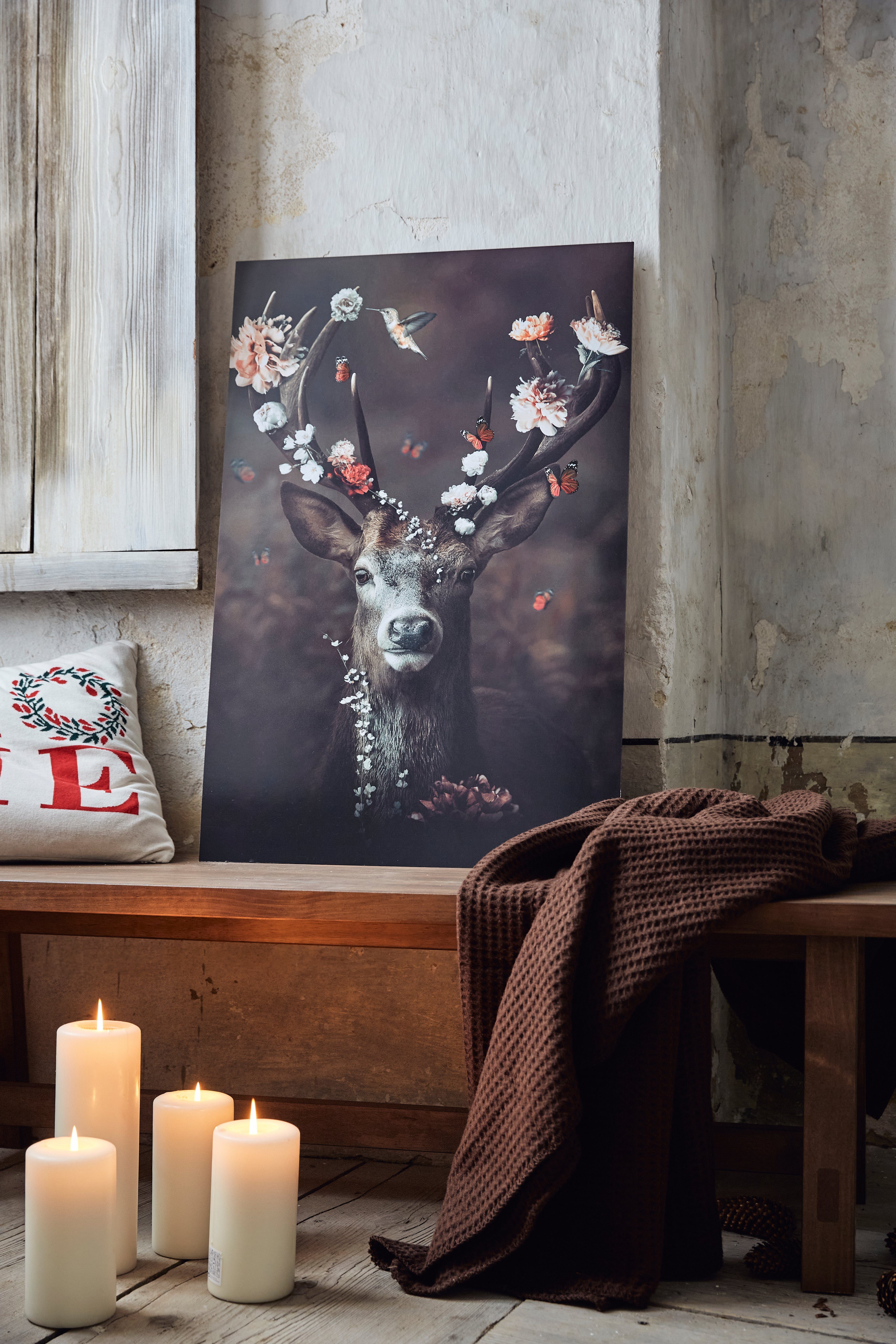 Reinders! Wandbild Hirsch Romantisch - Kolibri - Schmetterling - Blumenkranz, Hirsche (1 St)