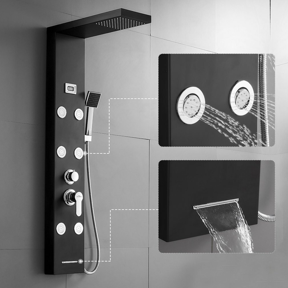 Auralum Brausegarnitur Multifunktion Duschpaneel Schwarz Duschset Edelstahl Duschsäule Dusche, mit Massagedüsen Handbrause und Überkopfdusche