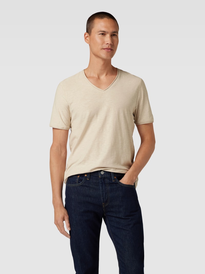 Regular Fit T-Shirt aus Baumwolle mit V-Ausschnitt in stein