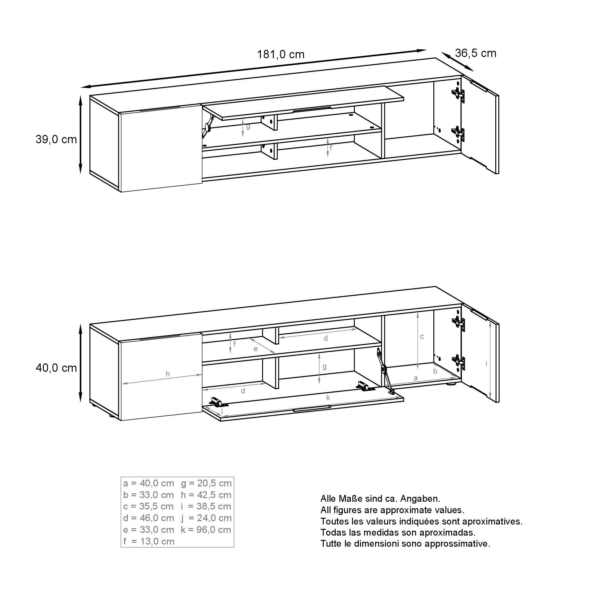 Vladon Wohnwand Mogan, (Anbauwand bestehend aus 2 TV-Boards, 2-St., mit jeweils 2 Türen, 1 Klappe und 1 offenes Fach), Weiß matt/Brombeer Hochglanz 2x (181 x 39 x 35 cm)