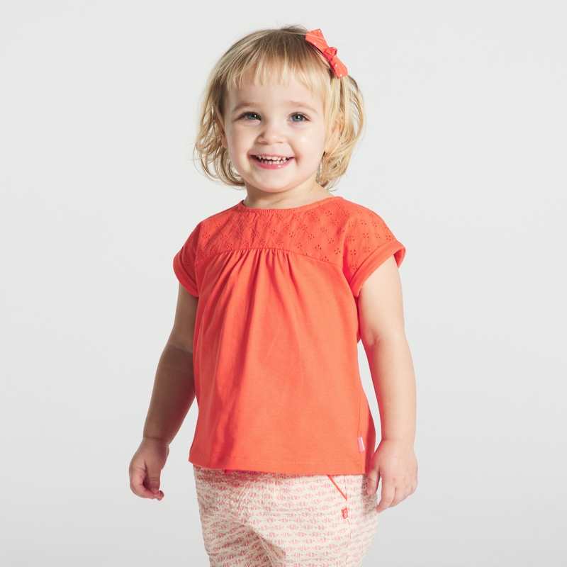 T-shirt bi-matière broderie anglaise orange bébé fille