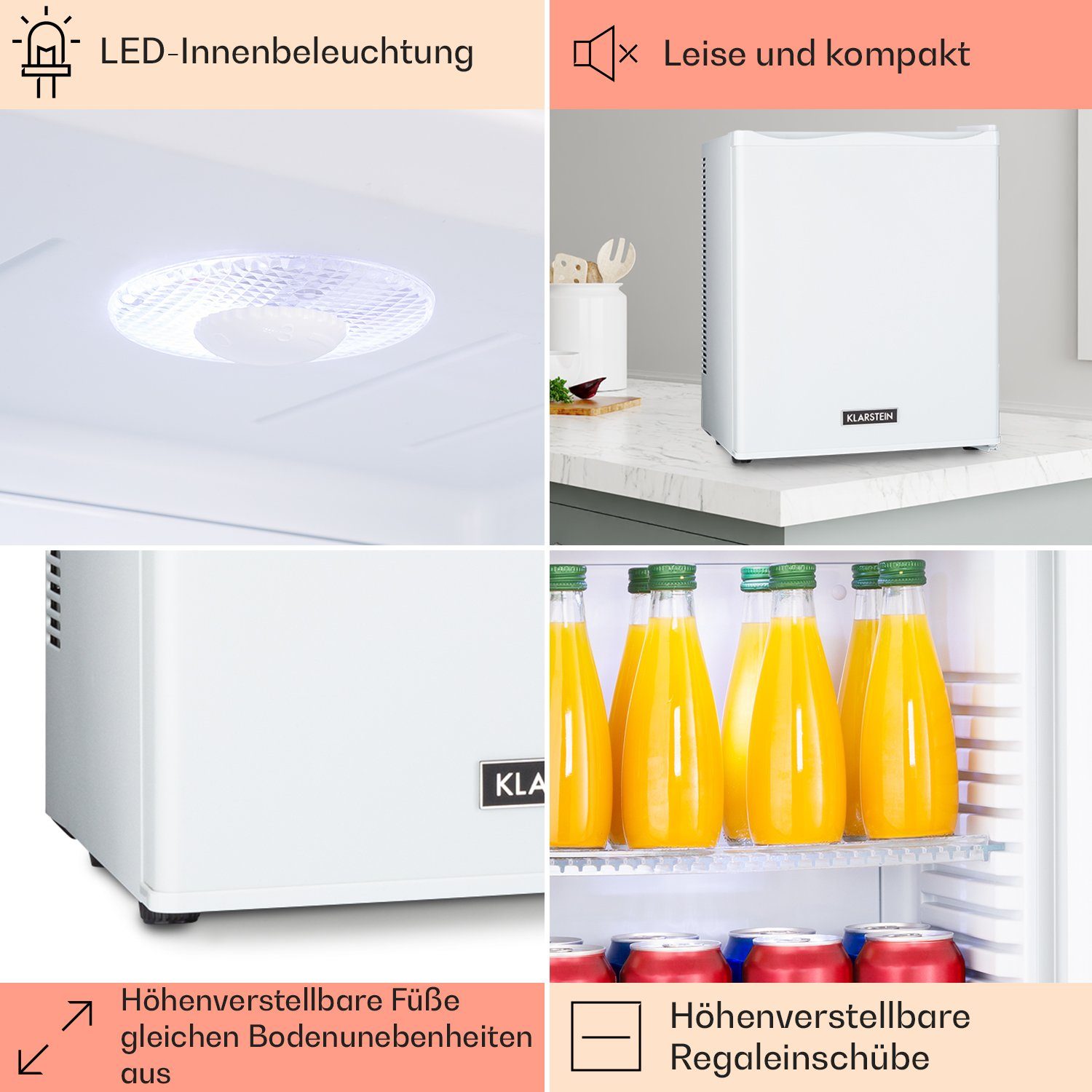 Klarstein Table Top Kühlschrank HEA-HappyHour-Wht 10035239A, 47 cm hoch, 38 cm breit, Hausbar Minikühlschrank ohne Gefrierfach Getränkekühlschrank klein