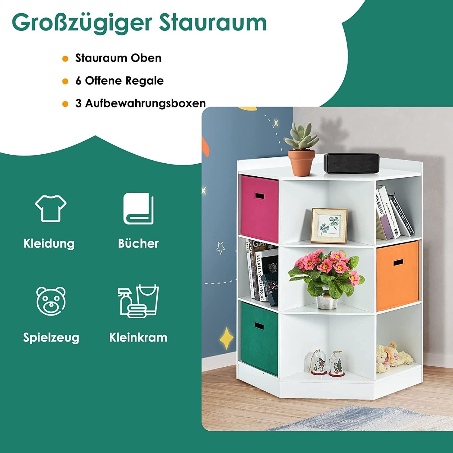 KOMFOTTEU Eckschrank mit 9 Fächern 3 Stoffschubladen Einfacher Zusammenbau