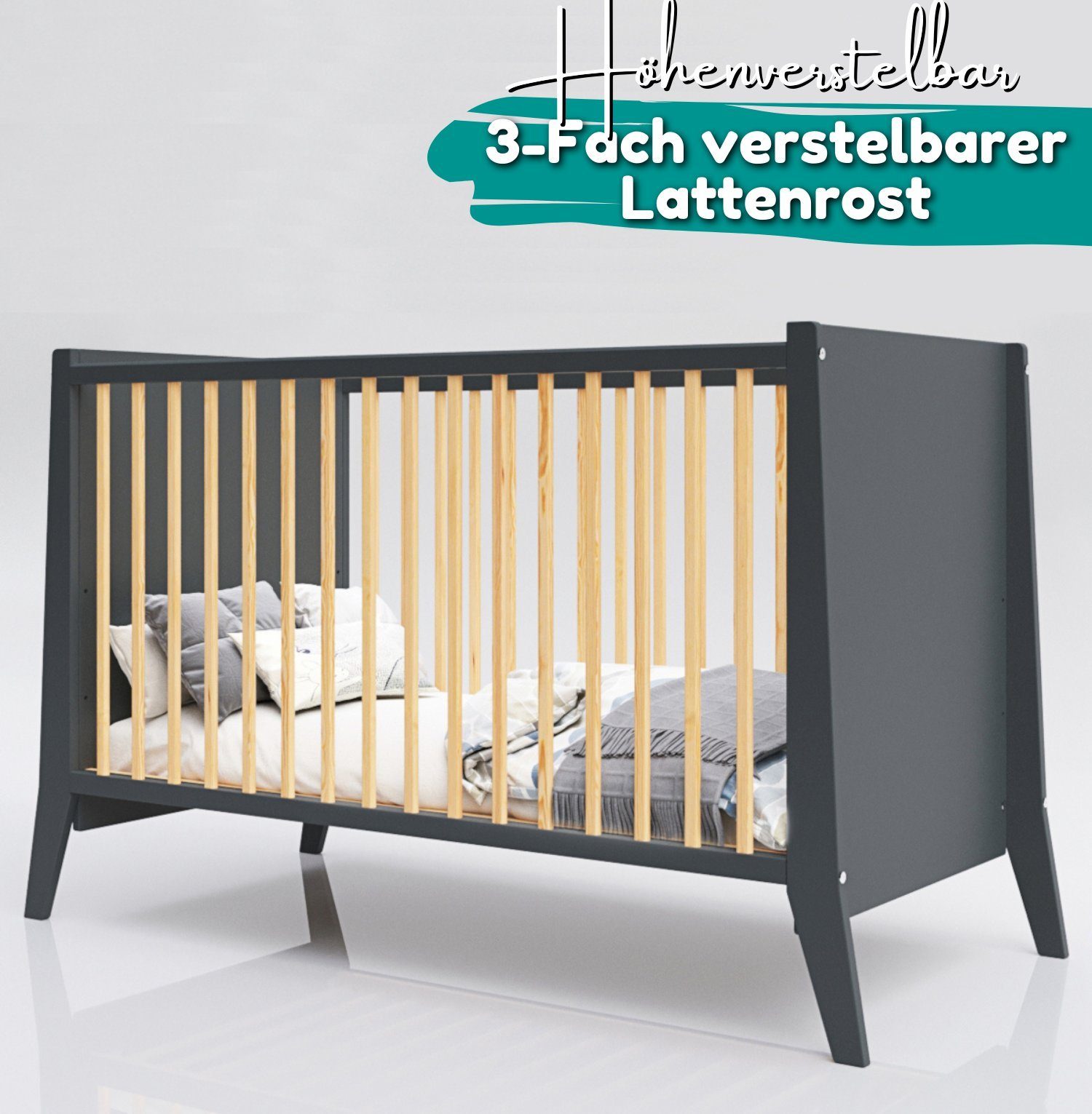 Alavya Home® Babybett PARKER I Qualitätsträume I für den ruhigen Schlaf Ihres Schatzes, Babybett 60x120 Gitterbett mit höhenverstellbar aus Kiefernholz
