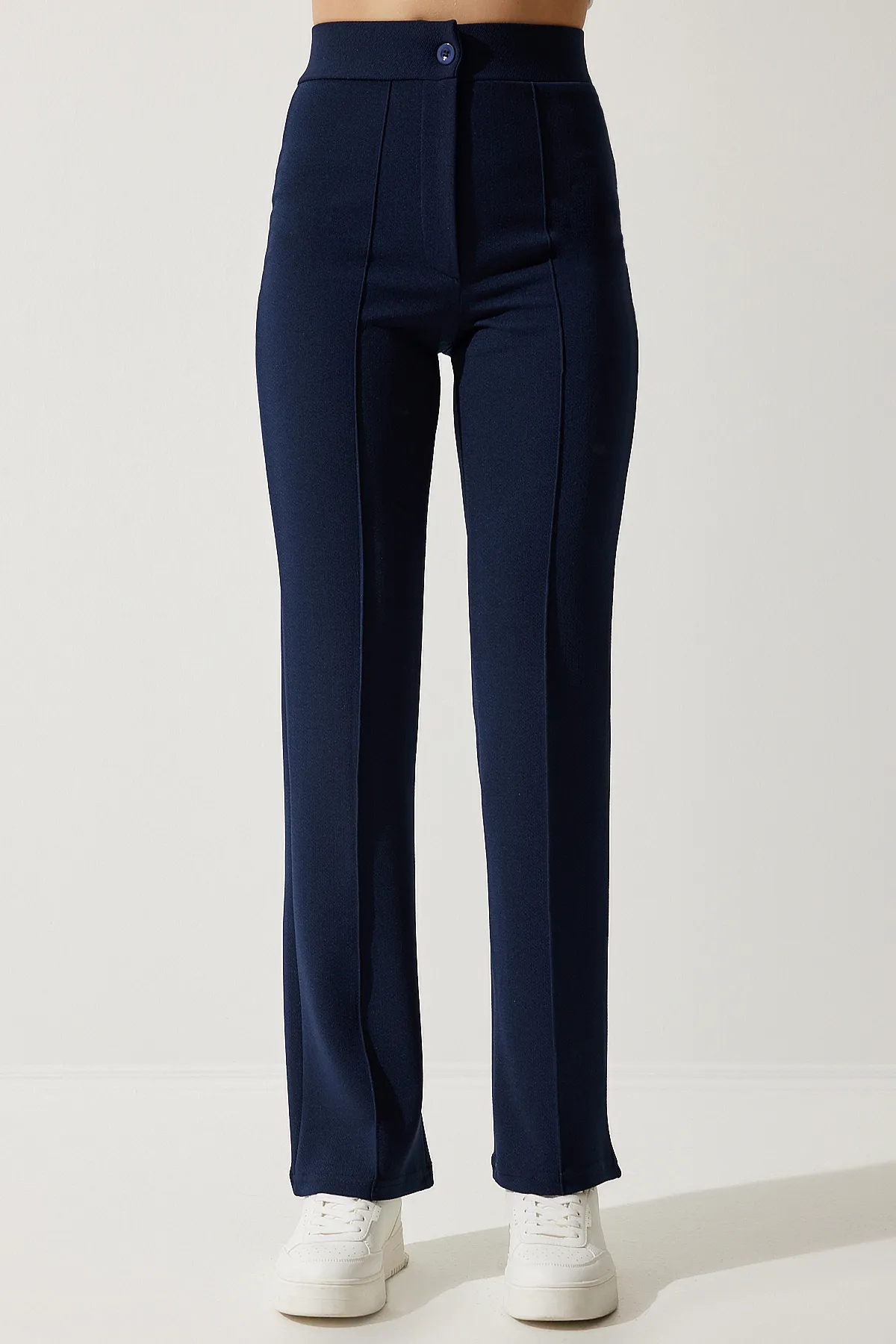 Happiness İstanbul  Marineblaue, bequeme Strickhose aus Lycra mit hoher Taille für Damen RV00090