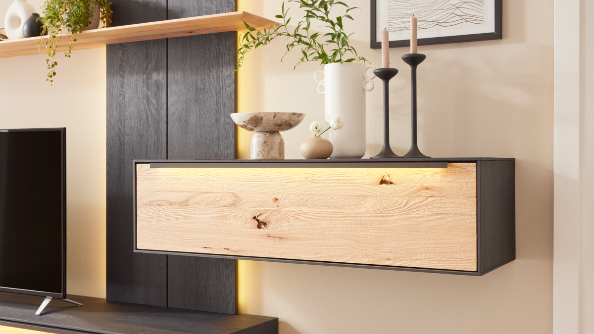 Interliving Wohnwand Riffbuche massiv Anthrazit