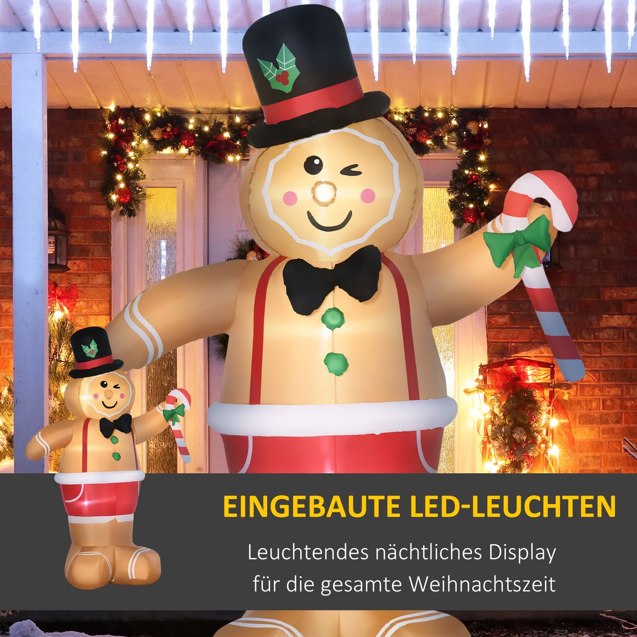 Outsunny Weihnachts Aufblasbarer Lebkuchenmann 2,38 m Weihnachtsdekoration mit LED-Lichtern und Zuckerstange Weihnachten Gärten Dekoration automatisches Aufblasen Wassderdicht Polyester Braun