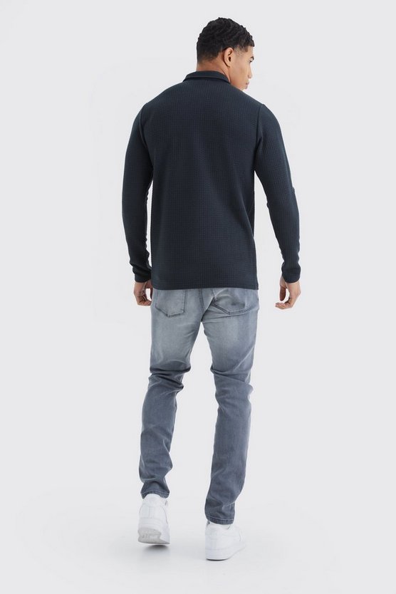 Langärmliges strukturiertes Slim-Fit Zopfmuster-Poloshirt