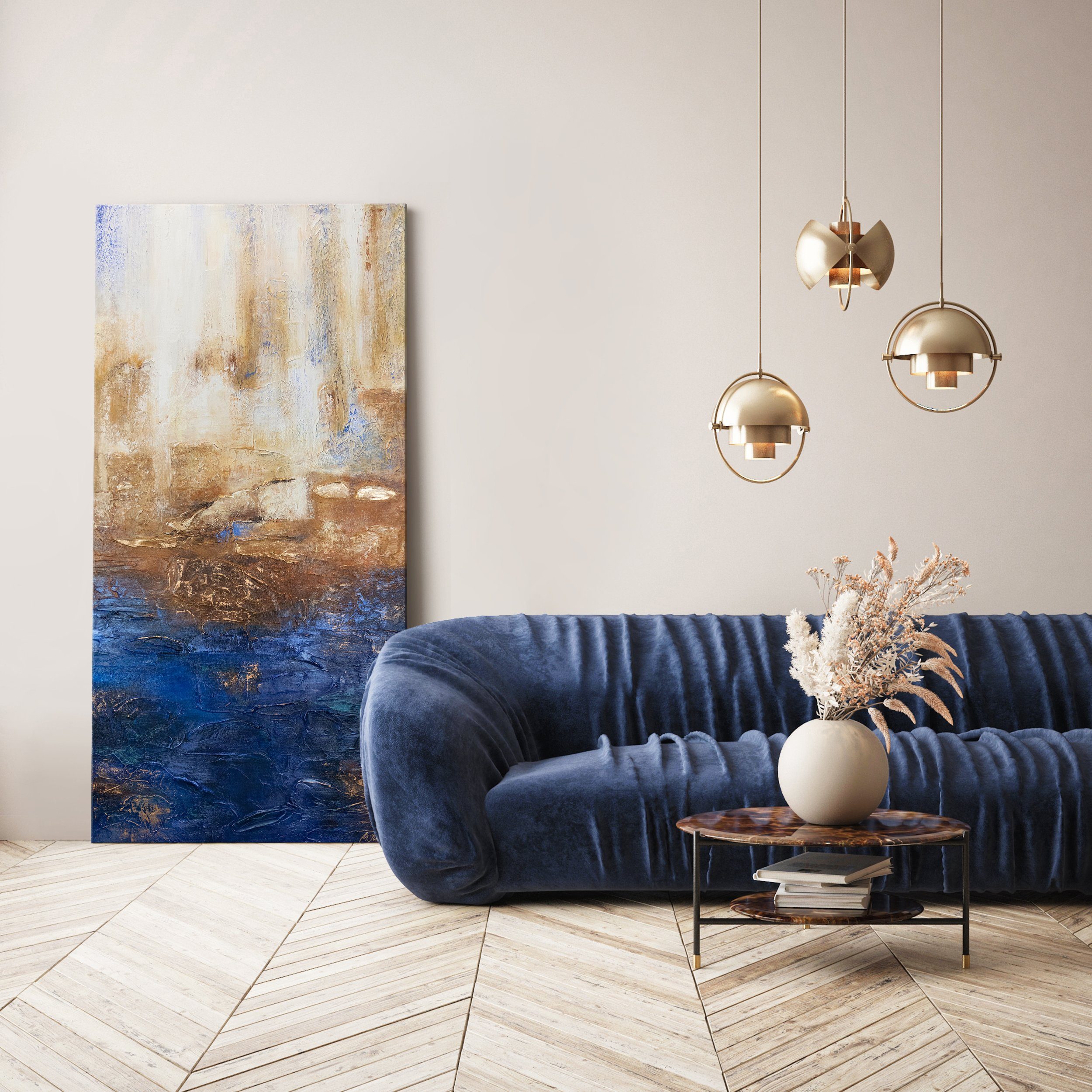 YS-Art Gemälde Marine II, Abstrakte Bilder, Vertikales Leinwand Bild Handgemalt Blau Gold Abstrakt