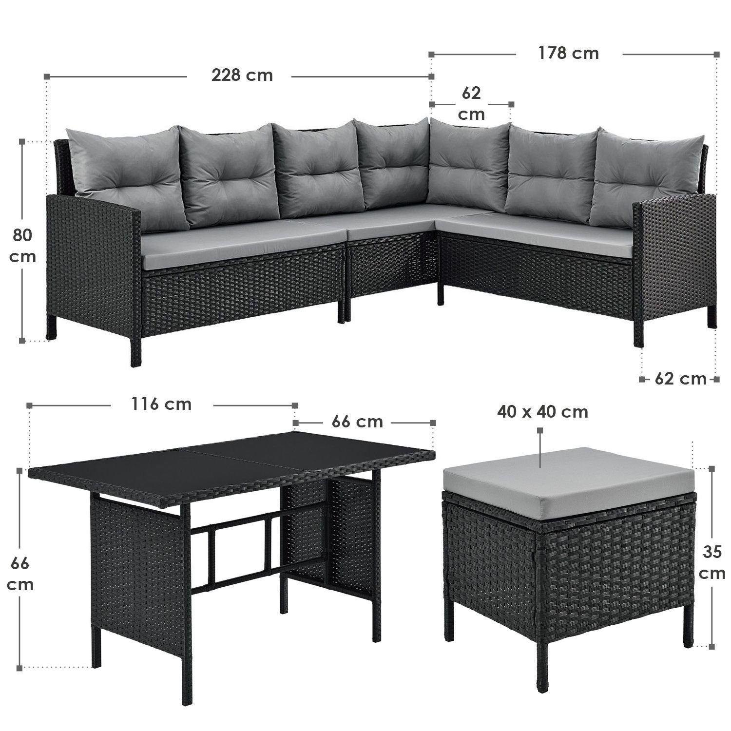 Juskys Gartenlounge-Set Manacor, (Gartenlounge), Polyrattan Gartenmöbel-Set mit Garten-Sofa, Garten-Tisch und 2 Hocker