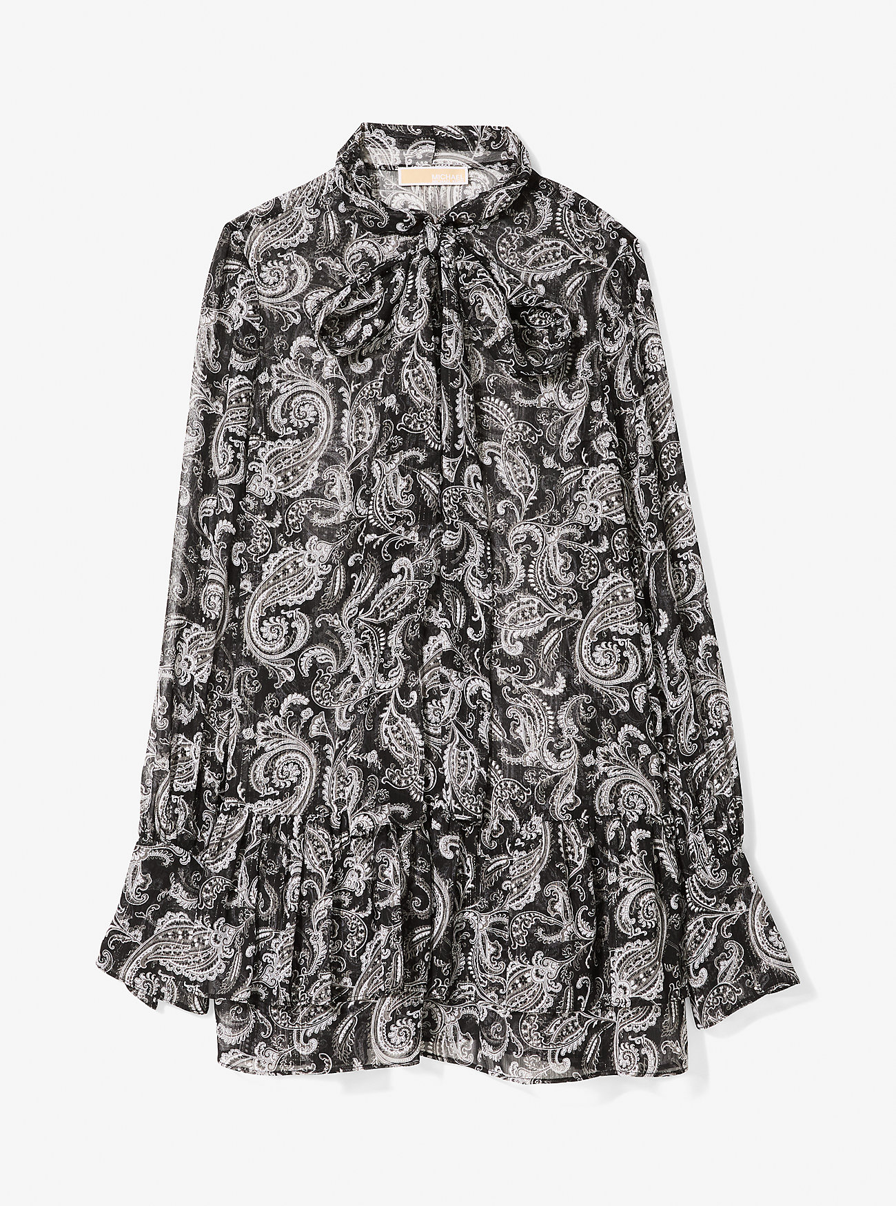 Metallisk paisley-kjole med georgette-hals – GUNMETAL