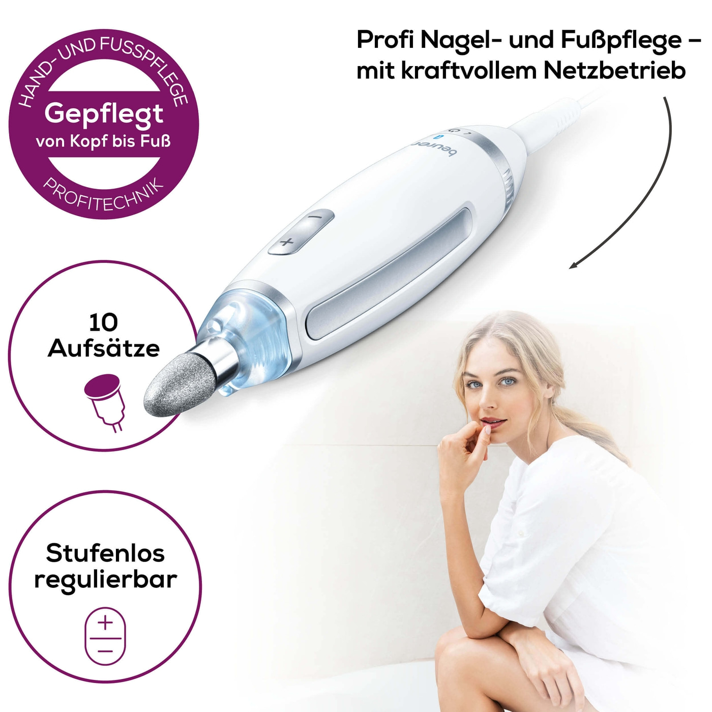 Beurer Maniküre-/Pediküreset MP 62-Stufenlos regelbarer Nagelfräser für Maniküre & Pediküre mit 10 Aufsätzen