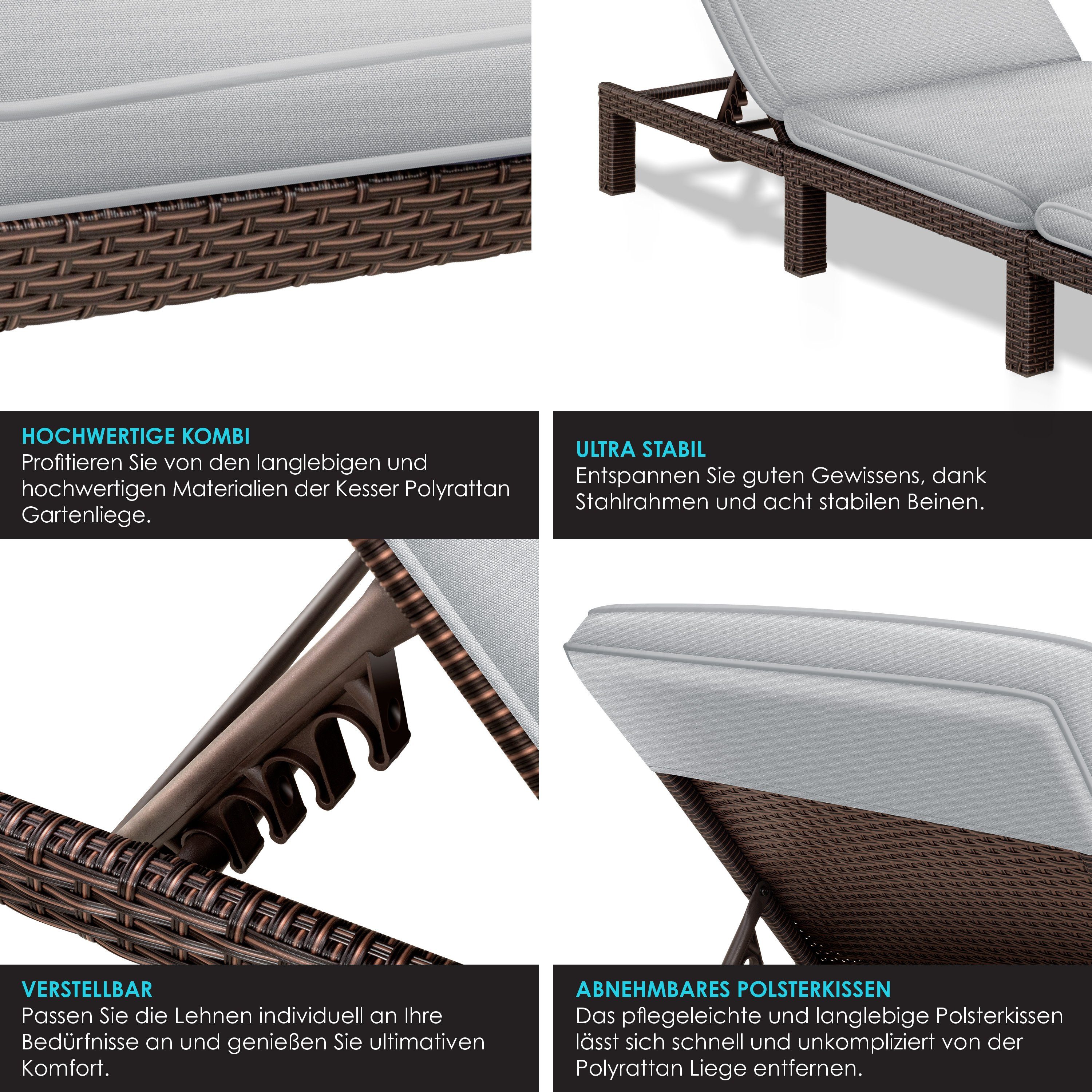 KESSER Gartenliege, Sonnenliege Polyrattan Palma Gartenliege Auflage für Balkon