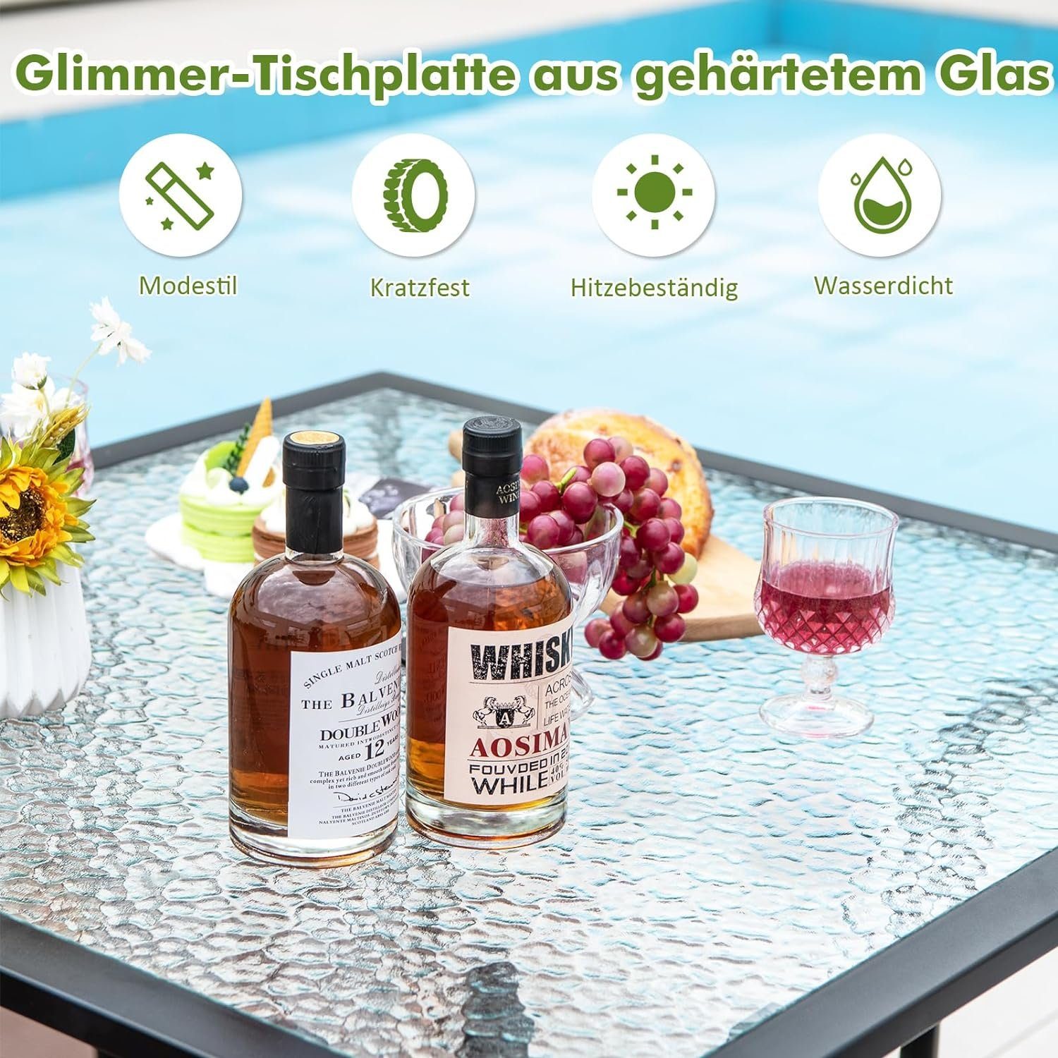 KOMFOTTEU Gartentisch Bistrotisch, mit Glasplatte & 38mm Schirmloch, 89×89 cm