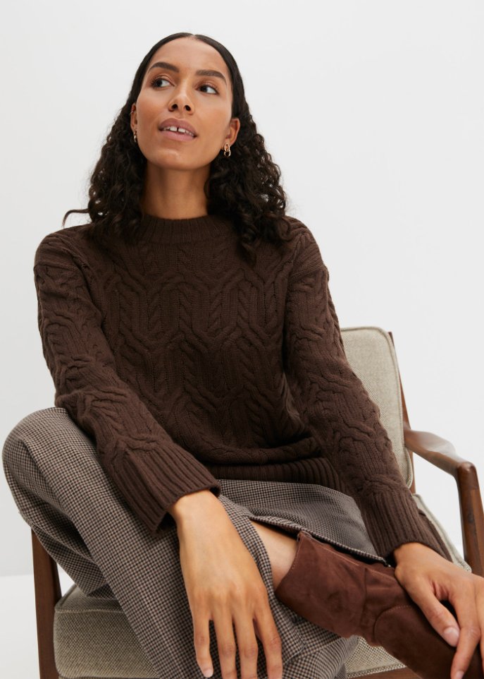 Rundhals-Pullover mit Zopfmuster
