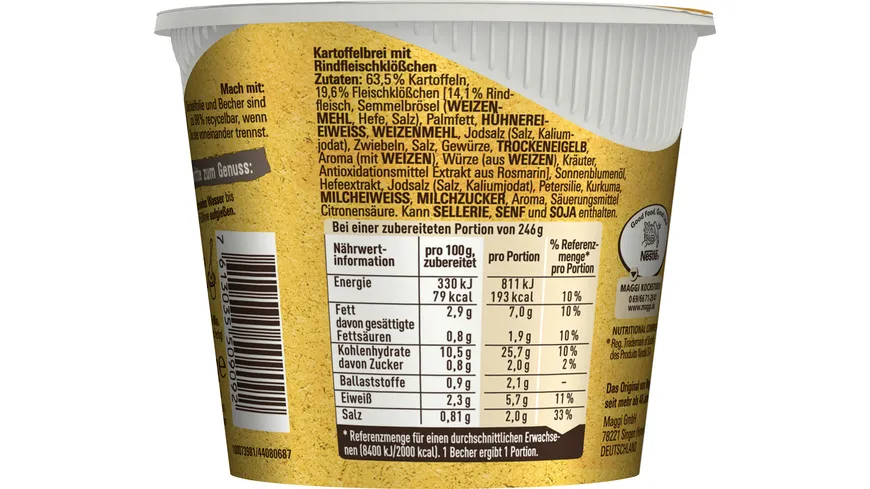 MAGGI 5 Minuten Terrine Kartoffelbrei mit Fleischklößchen 46 g