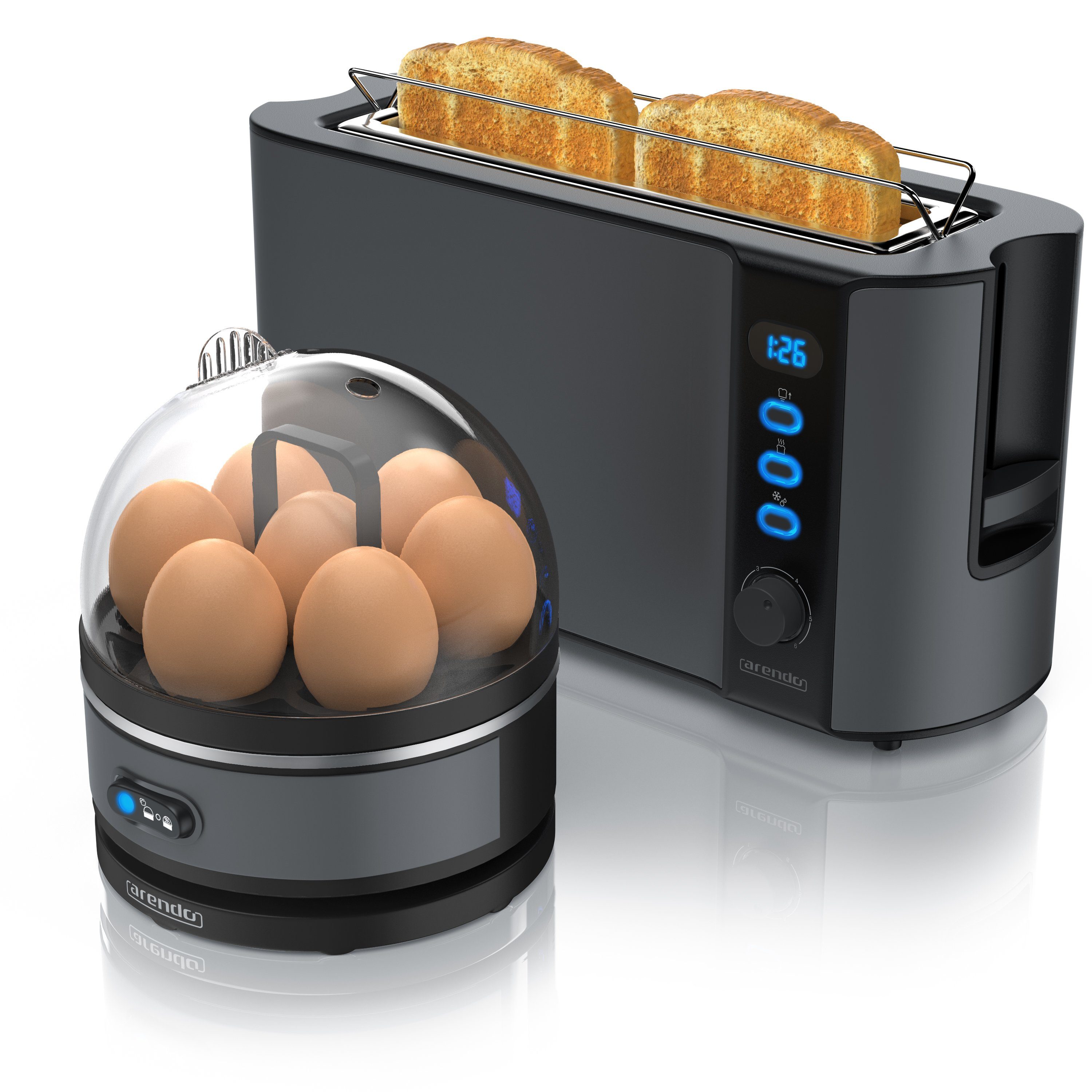 Arendo Frühstücks-Set (2-tlg), 2-Scheiben Langschlitz Toaster, 7er Eierkocher, Grau