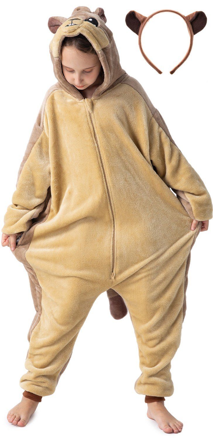 Corimori Jumpsuit Flauschiges Murmeltier-Kostüm für Kinder (2-tlg) mit Haarreif, Karneval, Fasching, Onesie, Mädchen, Jungen