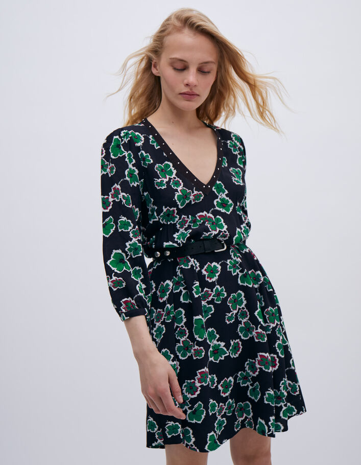 Robe noire imprimé maxi floral à col clouté Femme