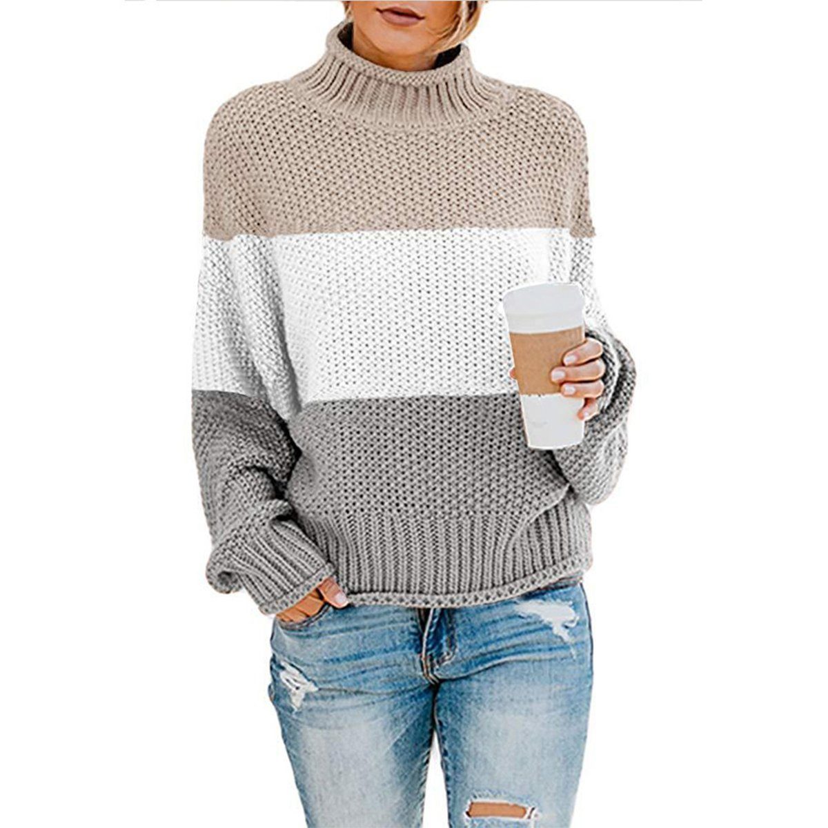 B.X Rollkragenpullover Damen Strickpullover Oversize Lang Warm Rundhals