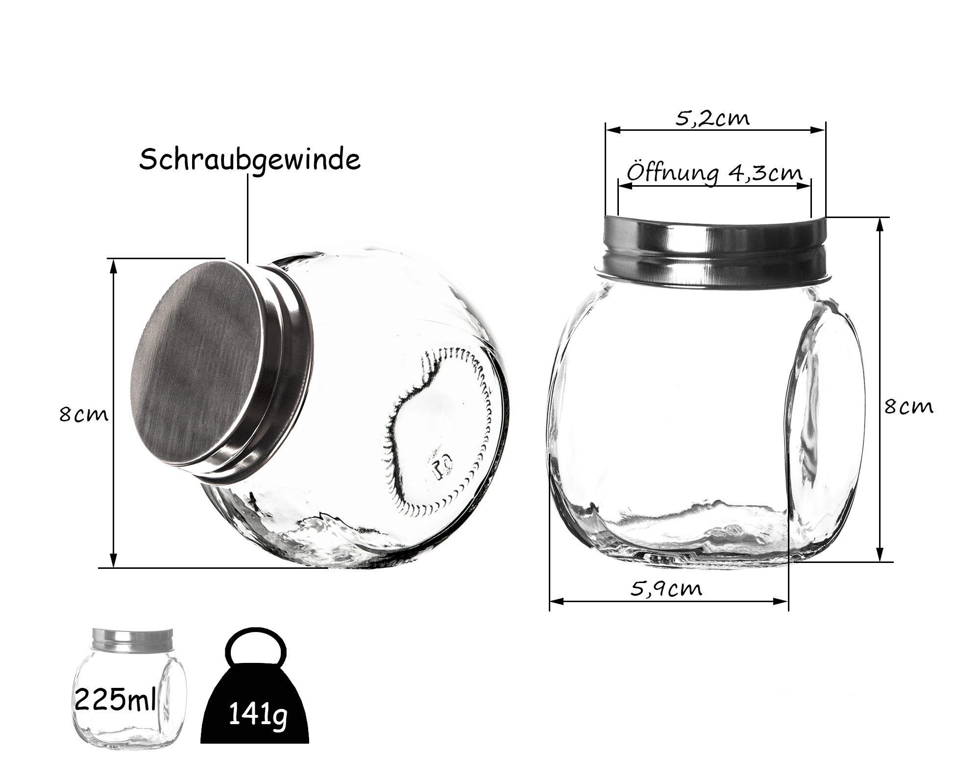 BigDean Gewürzbehälter 12x Gewürzgläser 200ml Gewürzdosen Schraubdeckel Luftdicht Vorratsg, Glas, (12-tlg)