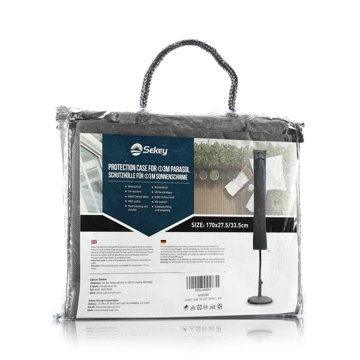 Sekey Sonnenschirm-Schutzhülle für Sonnenschirm bis Ø3m Gartenschirm, XL, mit Stab und Reißverschluss, aus 600D Oxford, UV-Schutz, Wasserabweisend, Leicht zu reinigen