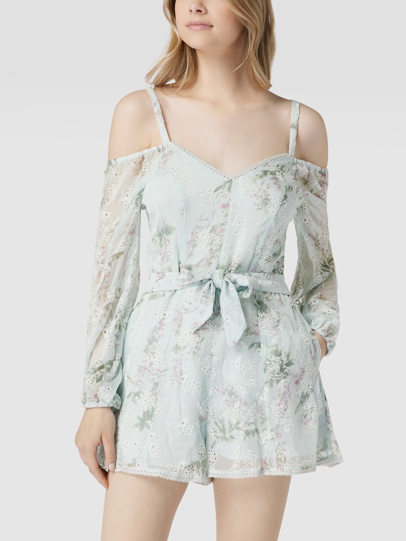 Cold-Shoulder-Jumpsuit mit floraler Lochstickerei in hellblau