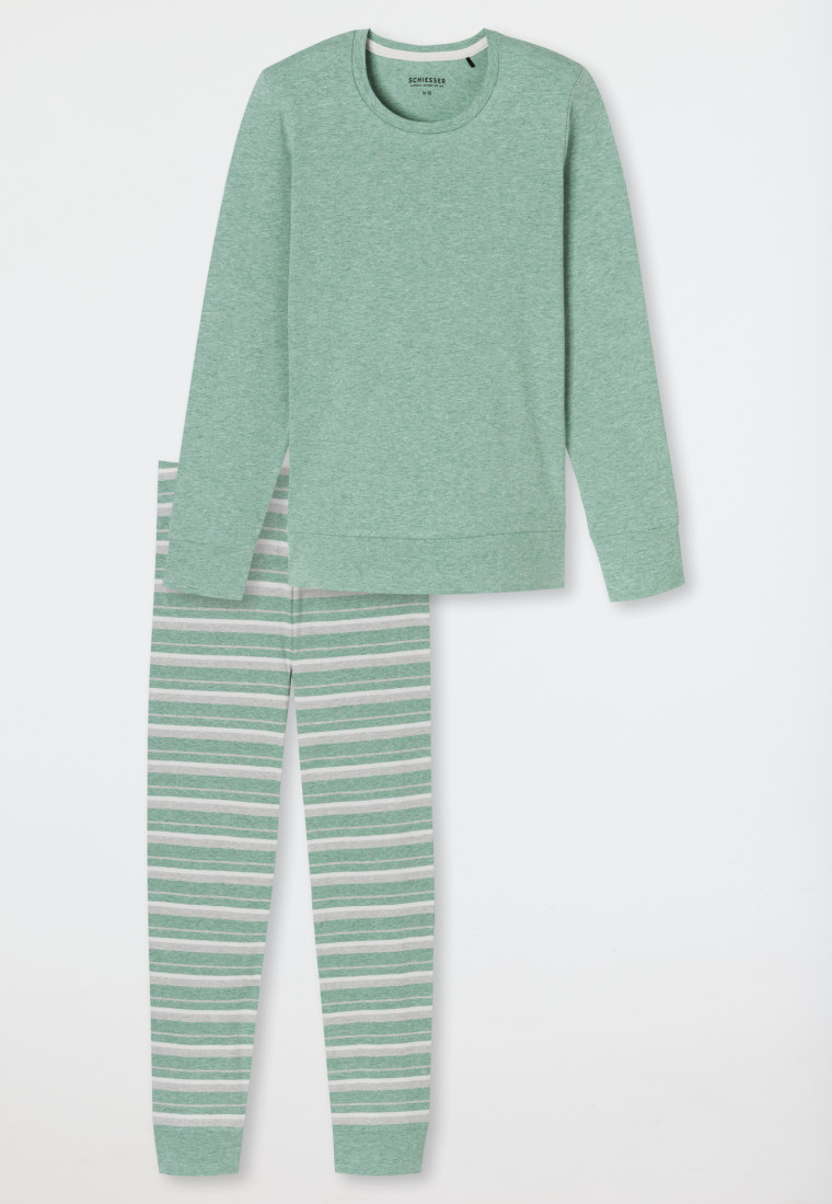 Schlafanzug lang grün meliert - Casual Essentials