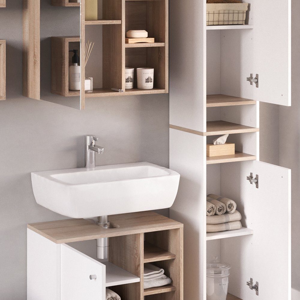 Vicco Badmöbel-Set Badezimmerset SENYO Sonoma / Weiß Set 6, (5er-Set, 5-St., 5-er Set)