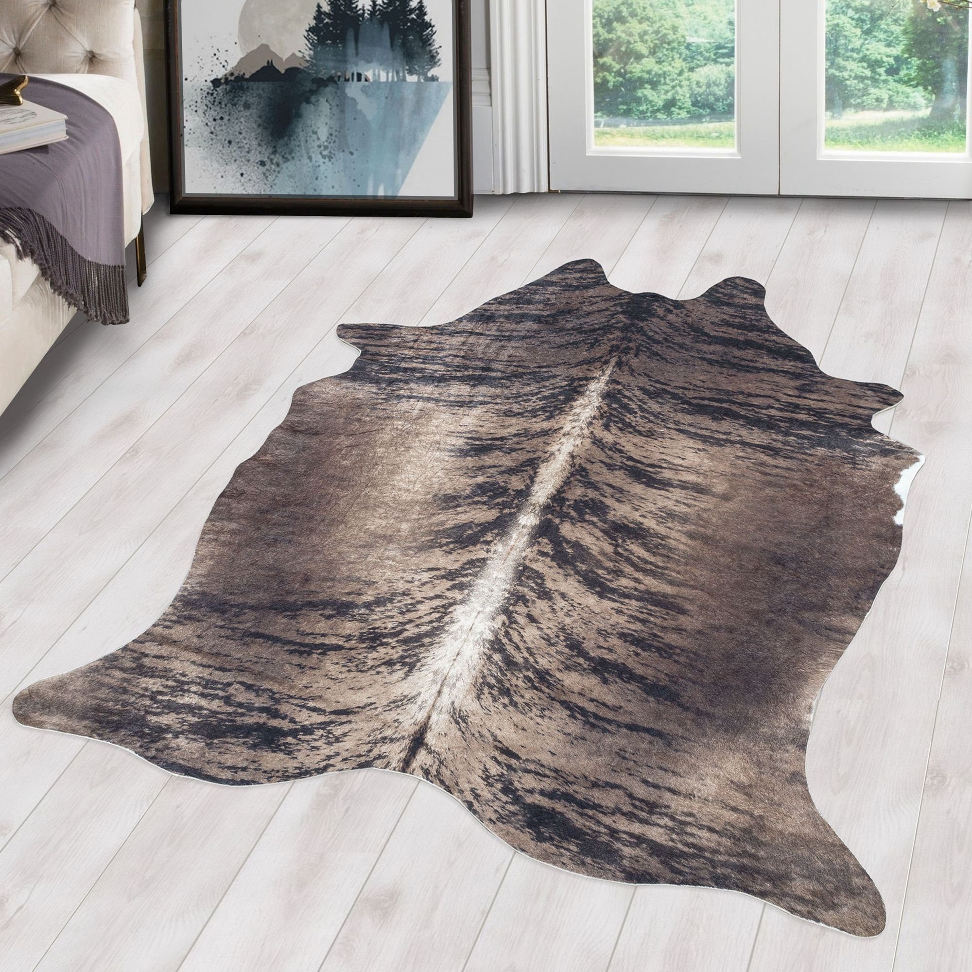 Fellteppich Rindsleder Imitat, Carpetsale24, Rund, Höhe: 7 mm, Fellteppich Kuhfell Rindsleder Imitat Digitaldruck Waschbar Rutschfest