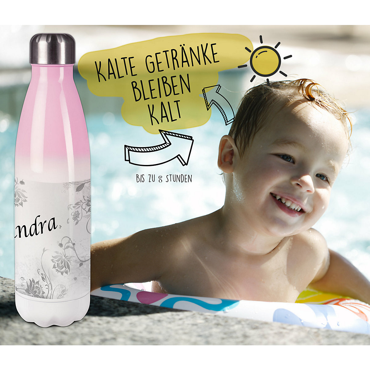 Edelstahl Kinder Thermoflasche / Trinkflasche bunt Blumenranke Farbe grau Spülmaschinenfest, Auslaufsicher, Bruchfest, Doppelwandig, Für Heißgetränke geeignet, Mit Deckel, Isoliert