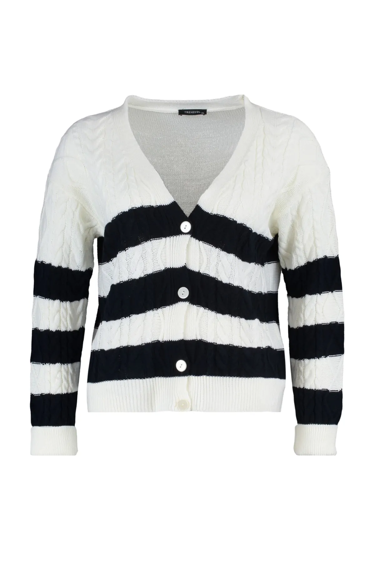 Trendyol Curve  Schwarz-weiß gestreifter Strick-Cardigan TBBAW23AV00007