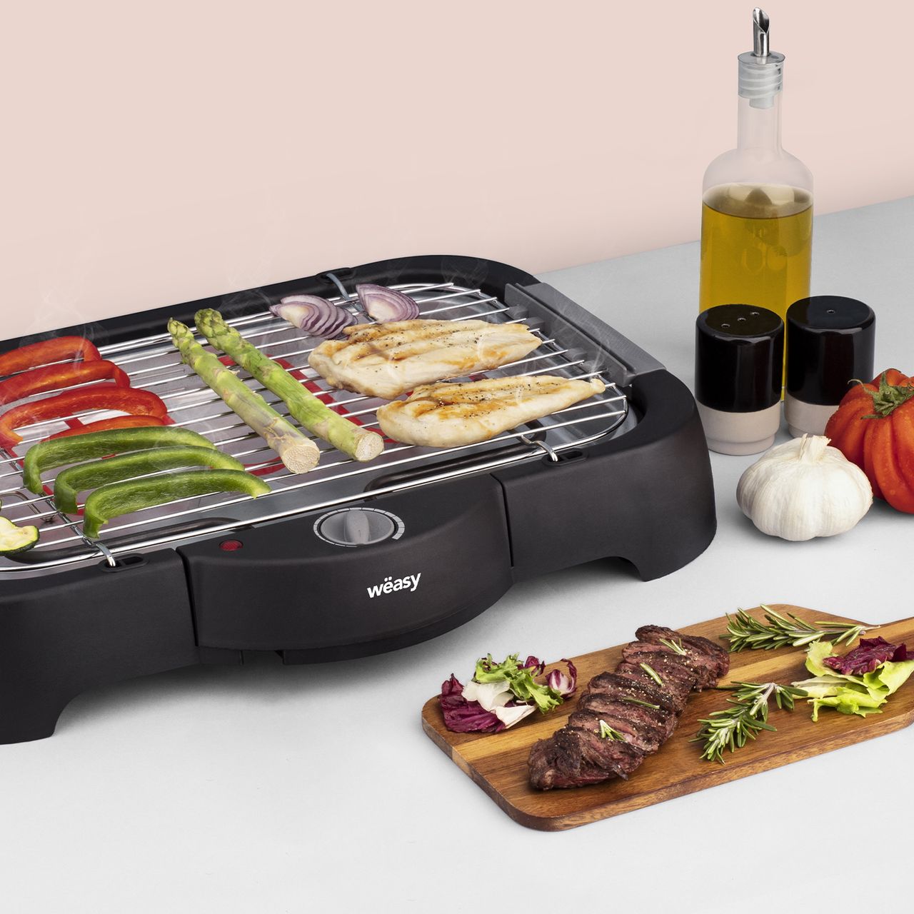 Weasy Wëasy Barbecue Electrique BBQ GBE42, Multifunktionaler Tischgrill, Innen-/Außengebrauch, Regulierbarer Thermostat, Fleisch Gemüse Fisch, Einfache Reinigung, Spülmaschinengeeignet