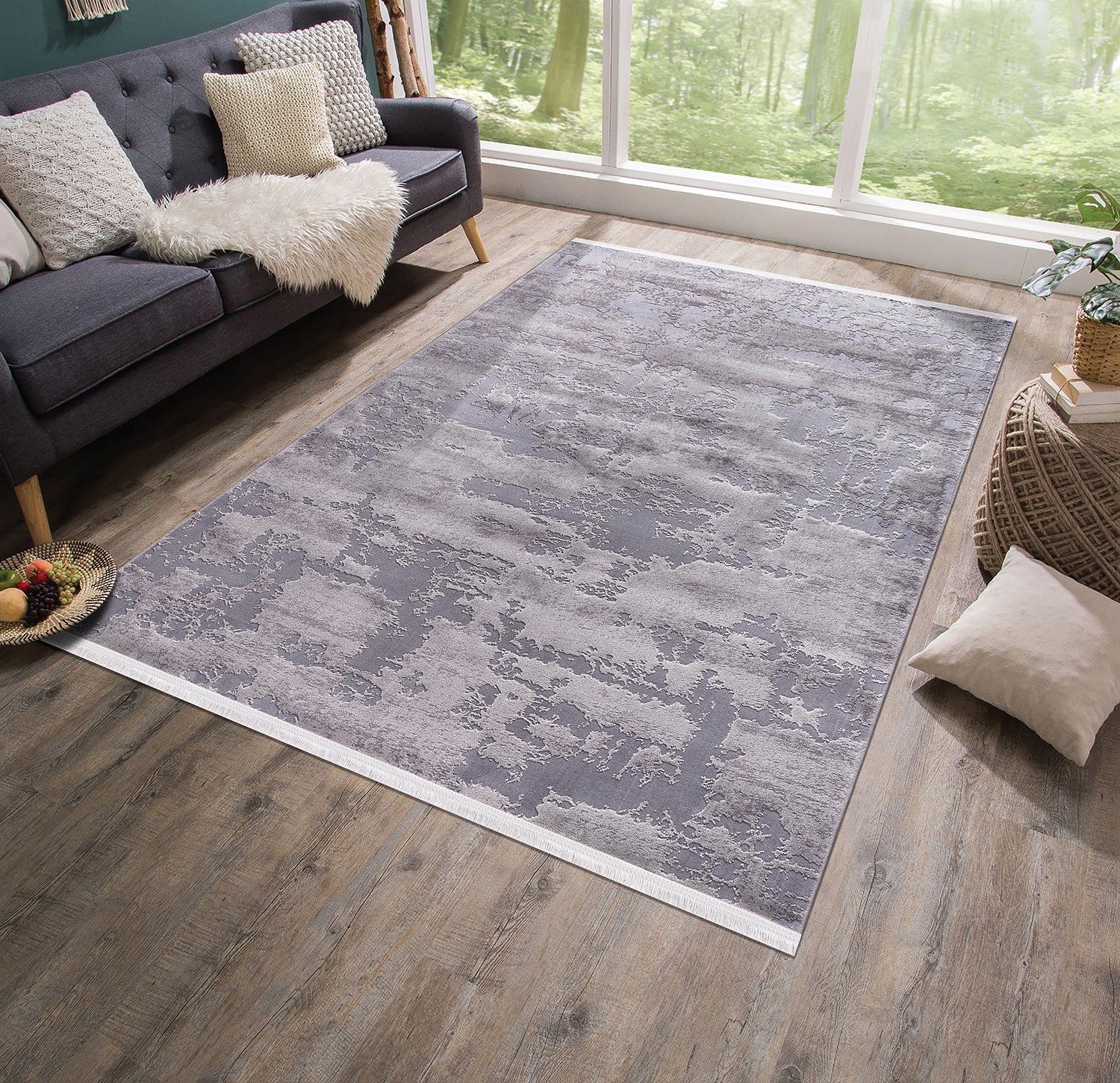 Designteppich Teppich Wohnzimmer Designer Teppich abstrakte modern Grau-Grau, Carpetilla, Rechtekig, Höhe: 13 mm, Wohnzimmer, Esszimmer, Schlafezimmer, Kinderzimmer
