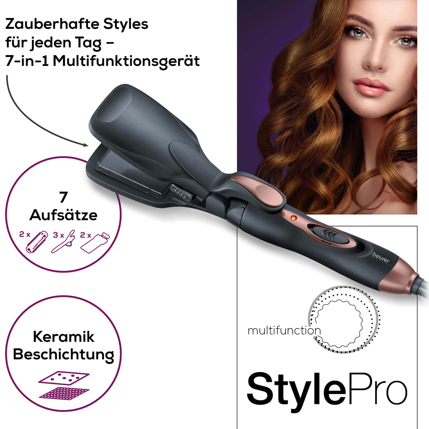Beurer Multifunktionsstyler - HT 60-7-in-1 Haarstyler - Krepp- & Glätteisen, Bürsten- & Spiralaufsatz & 3 Lockenstäbe