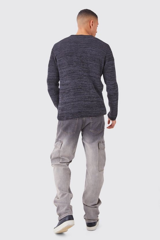 Zweifarbiger gerippter Rundhals-Pullover