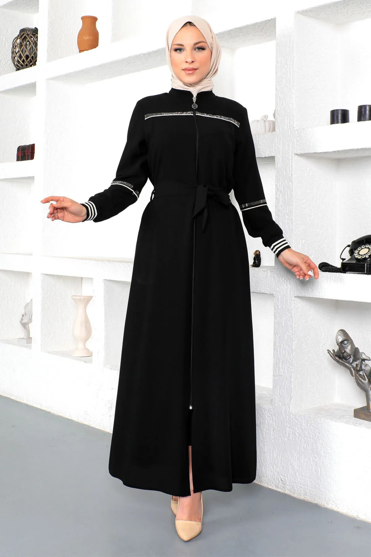 Tesettür Dünyası  Gerippter Hijab Abaya Tsd230328 Schwarz