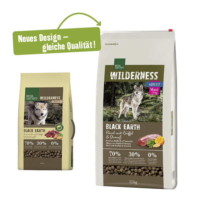 REAL NATURE Hundetrockenfutter REAL NATURE WILDERNESS Maxi Adult Black Earth Rind mit Strauß & Büffel 12 kg