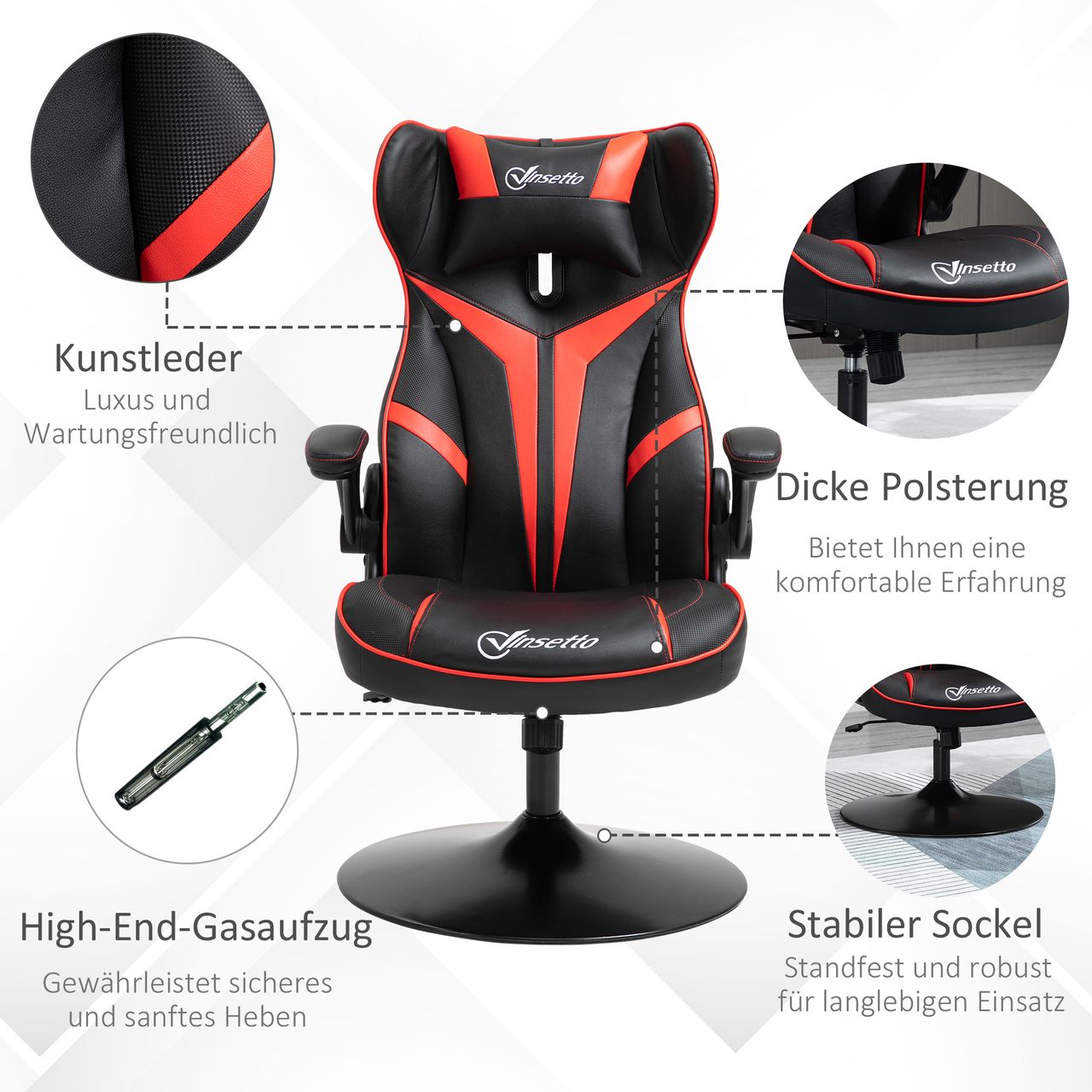 Vinsetto Gaming Stuhl ergonomischer Computerstuhl mit Wippfunktion Rot