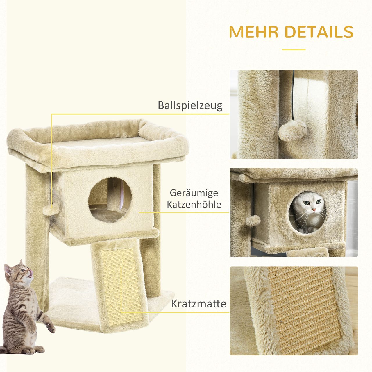 PawHut Kratzbaum mit Jute-Kratzmatte Katzenhaus Liegeplattform Spielball Kaffee