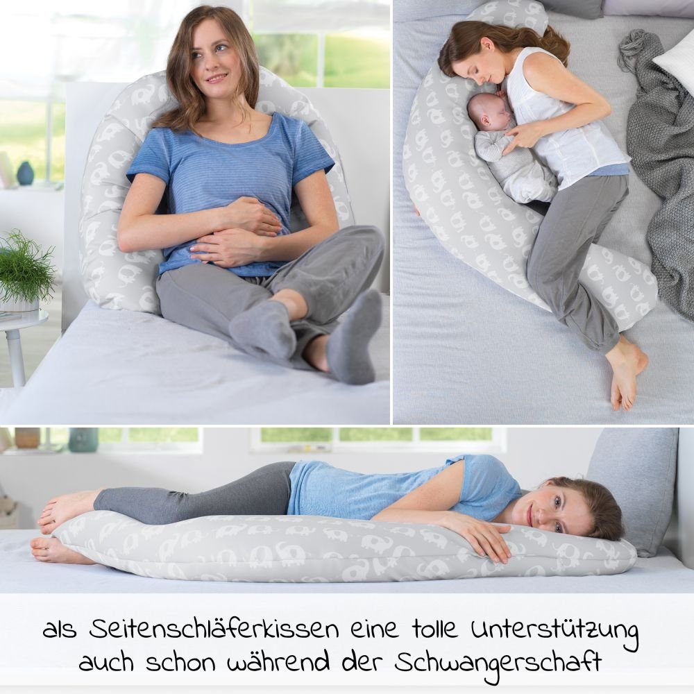 Theraline Stillkissen Das Komfort - Elefantenherde, 2-tlg., Lagerungskissen Schwangerschaftskissen inkl. Bezug (Baumwolle) 180 cm