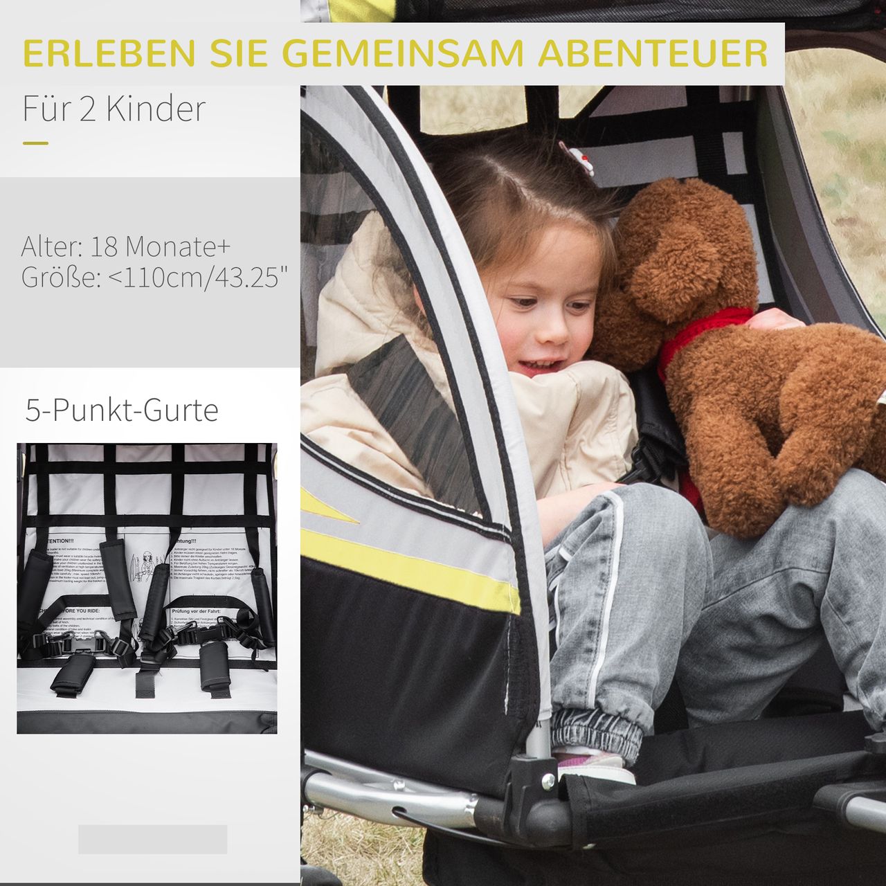 HOMCOM 2 in 1 Kinderanhänger, Fahrradanhänger mit 5-Punkt Sicherheitsgurt, Gelb