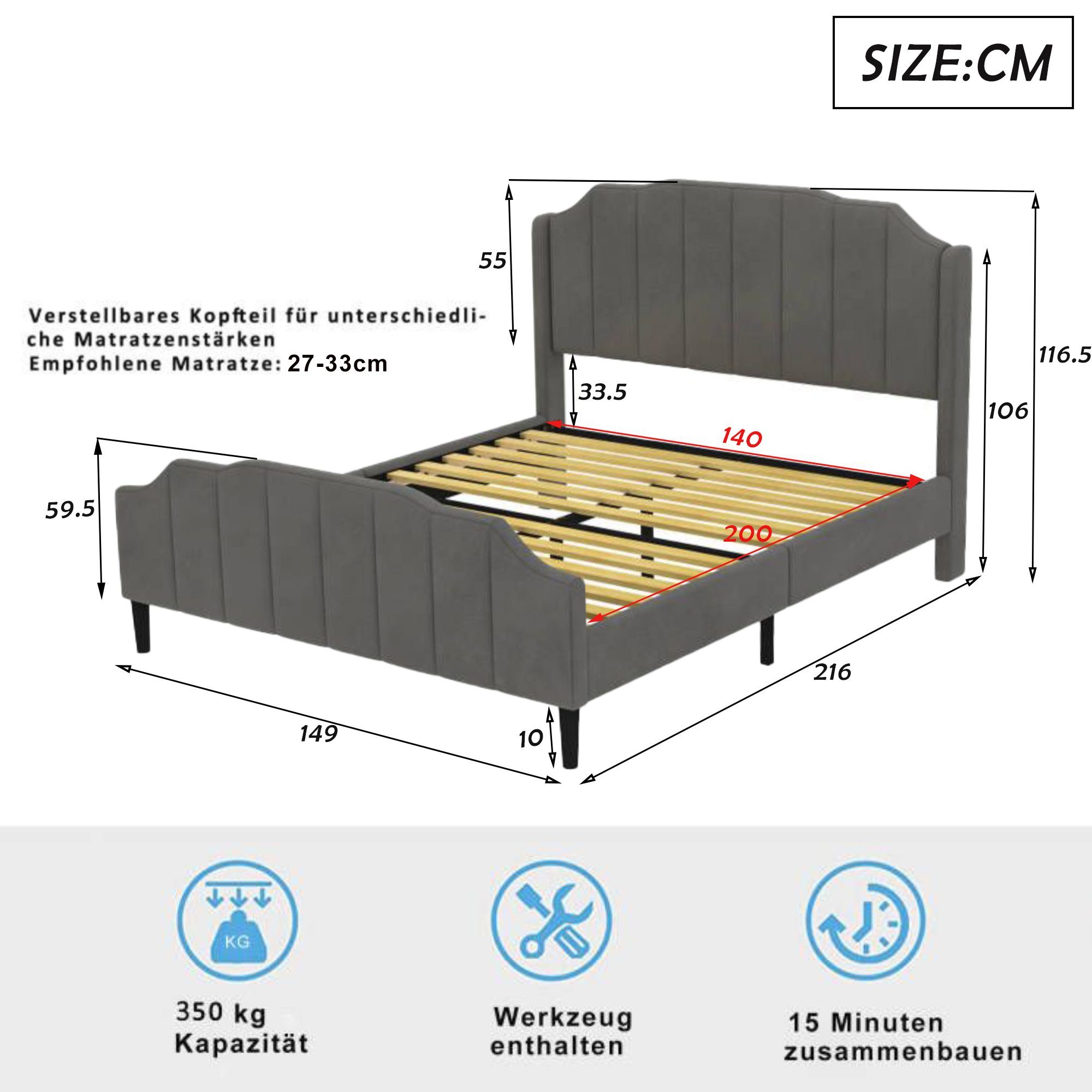 Flieks Polsterbett, Doppelbett Kinderbett mit Lattenrost Samt 140x200cm