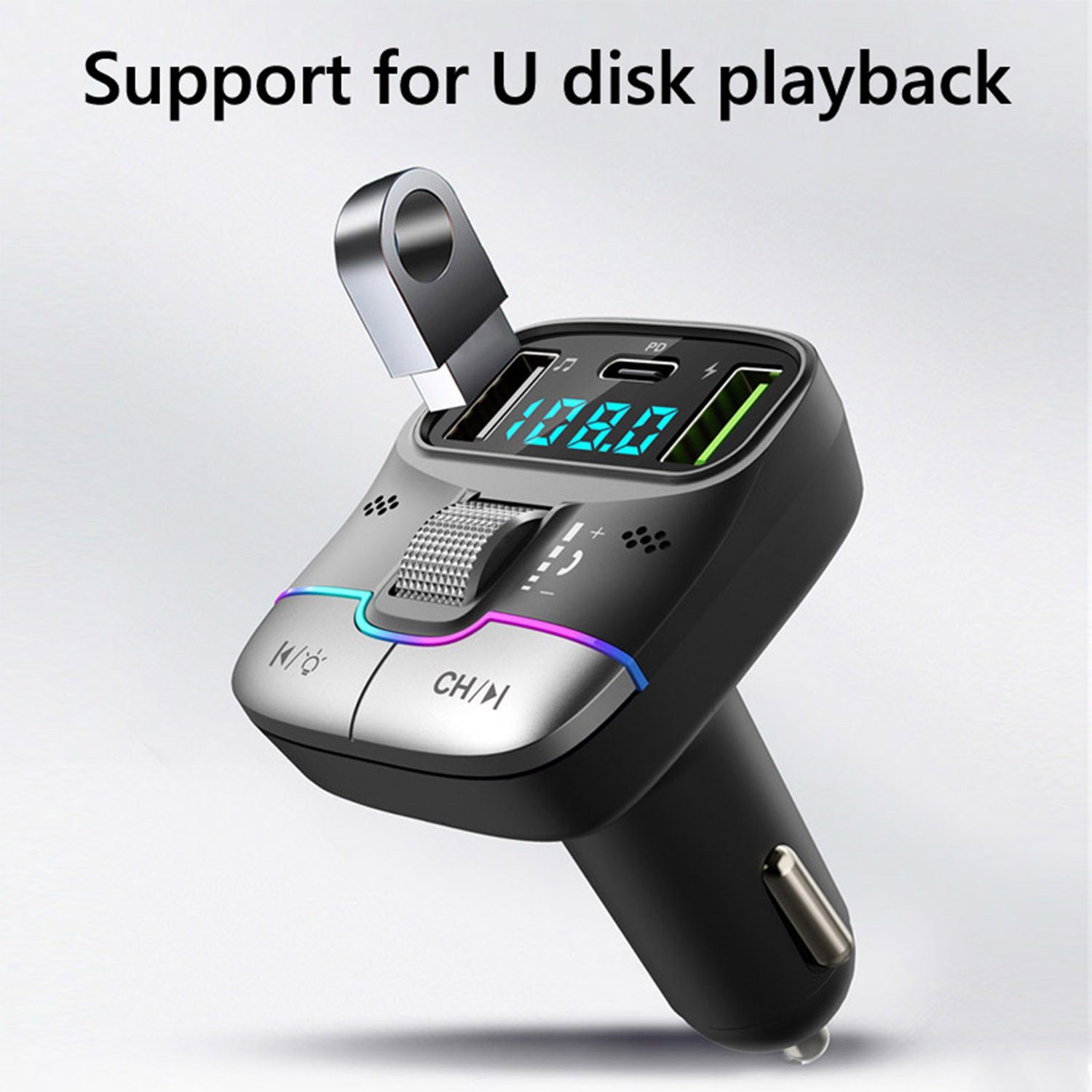 Mutoy Bluetooth 5.3 FM Transmitter für Auto,MP3-Player KFZ-Transmitter 2 Mikrofone, Typ C PD 25W Dual USB Schnell ladegerät Auto, Stärkeres Dual Mic & Bass-Boost