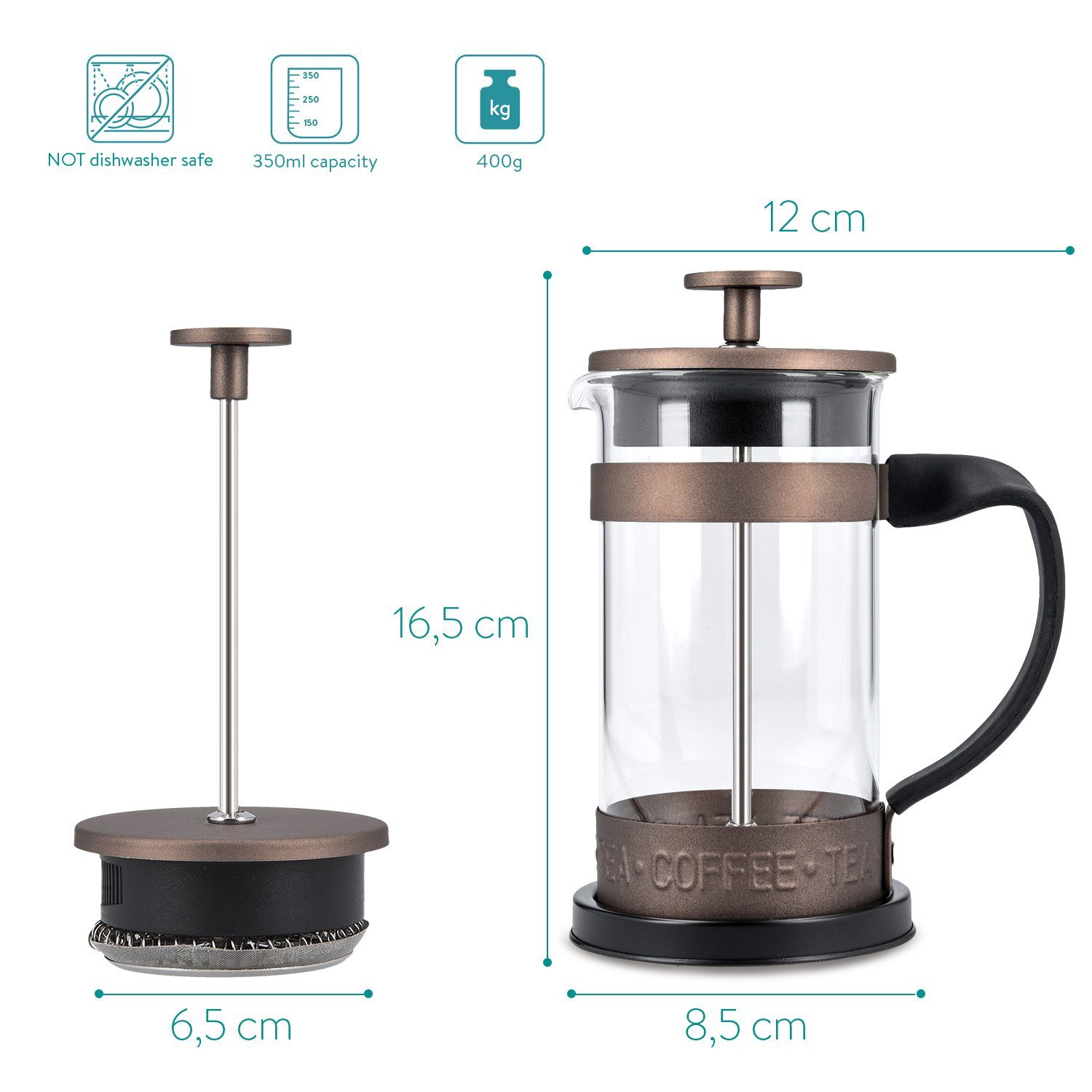 Navaris French Press Kanne Stempelkanne mit Edelstahl Filter, 350 ml, auch für Tee