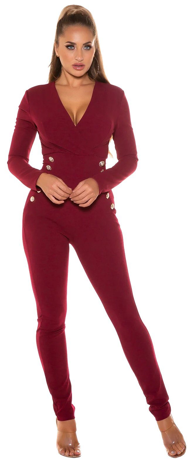 Koucla Jumpsuit eleganter Langarm-Overall mit V-Ausschnitt